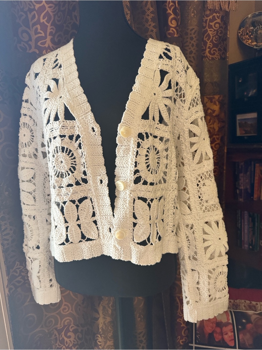 Mystree Cream Crochet Openwork V-Neck Cardigan